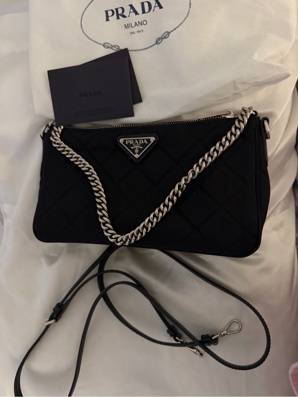 Prada Black Quilted 2way Shoulder Bag with Silver Chain Accent nylon and leather